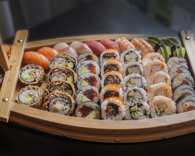Fresh sushi rolls artfully arranged — Sushi Wednesday special at RR & 3A's Cafe